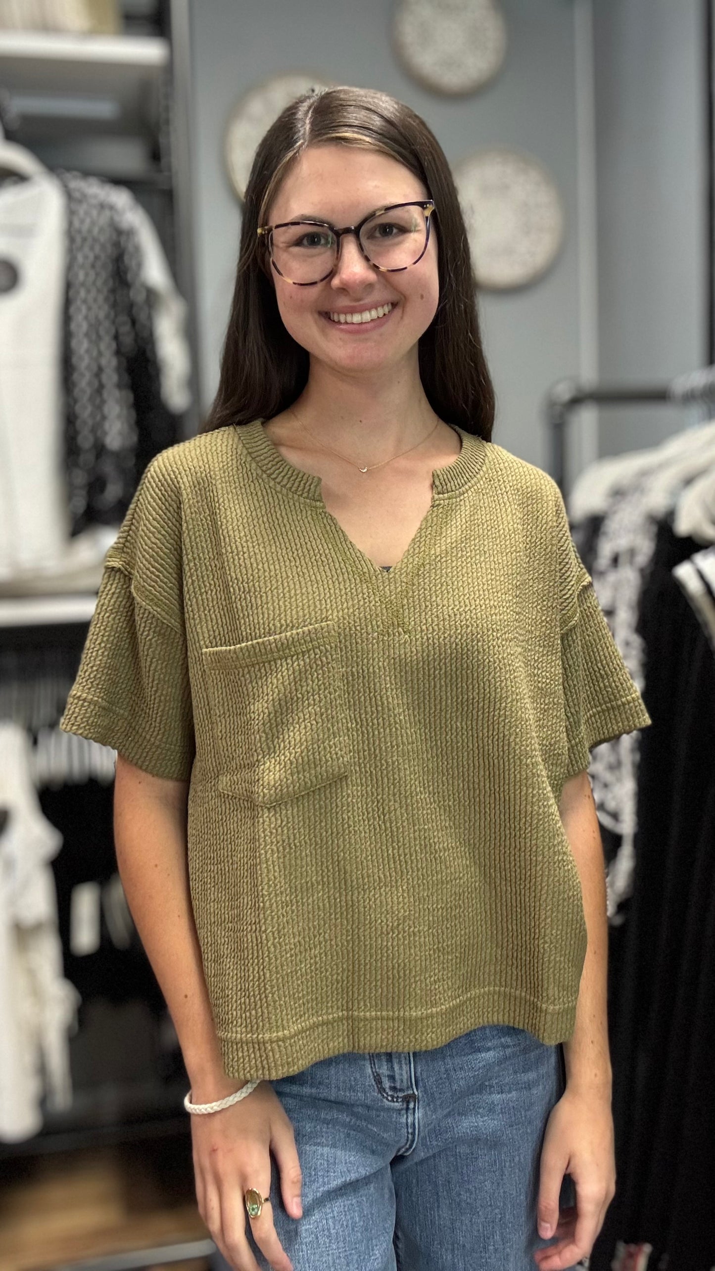Olive Ribbed Cropped V Neck