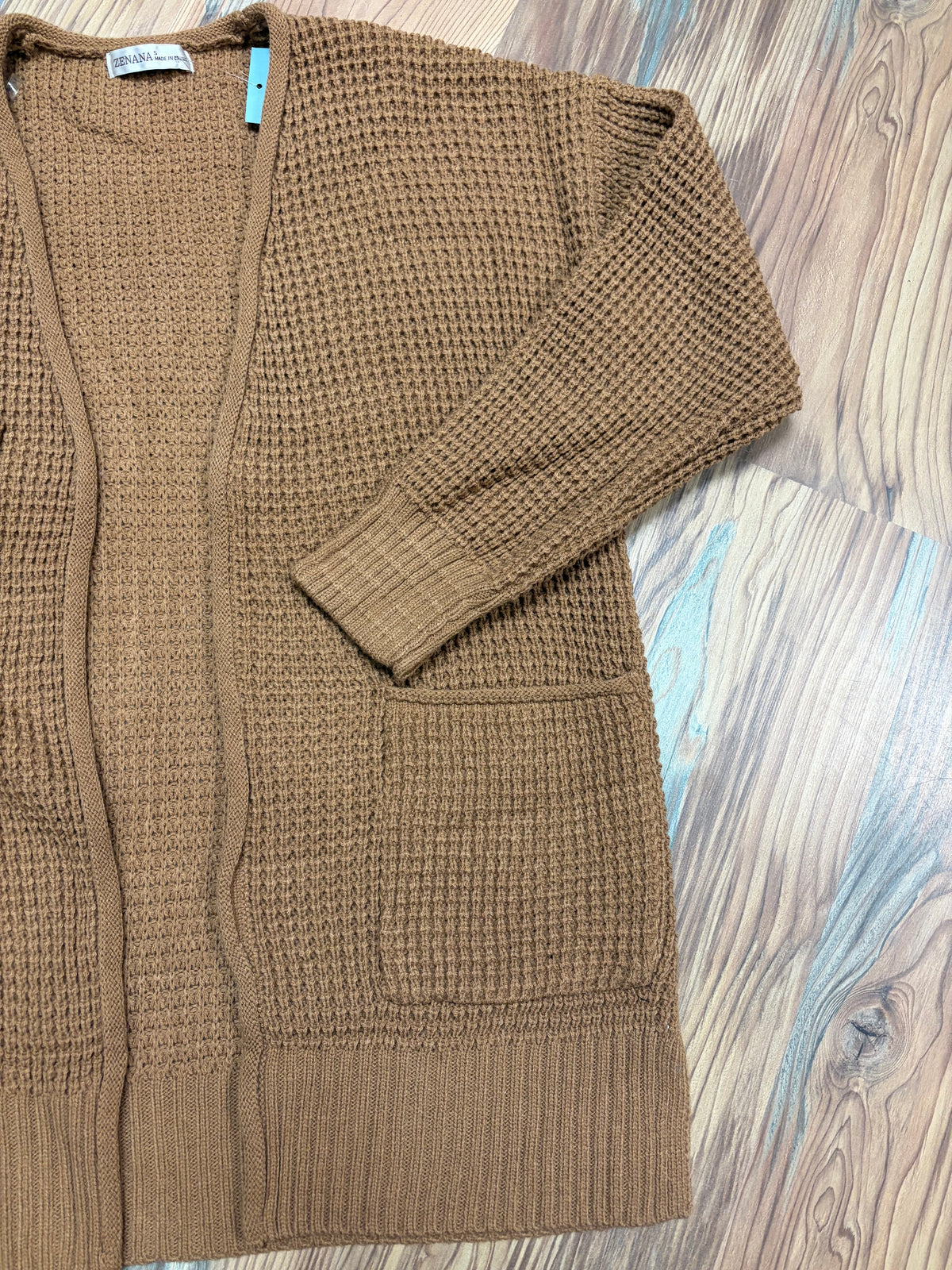 Deep Camel Open Front Waffle Cardi