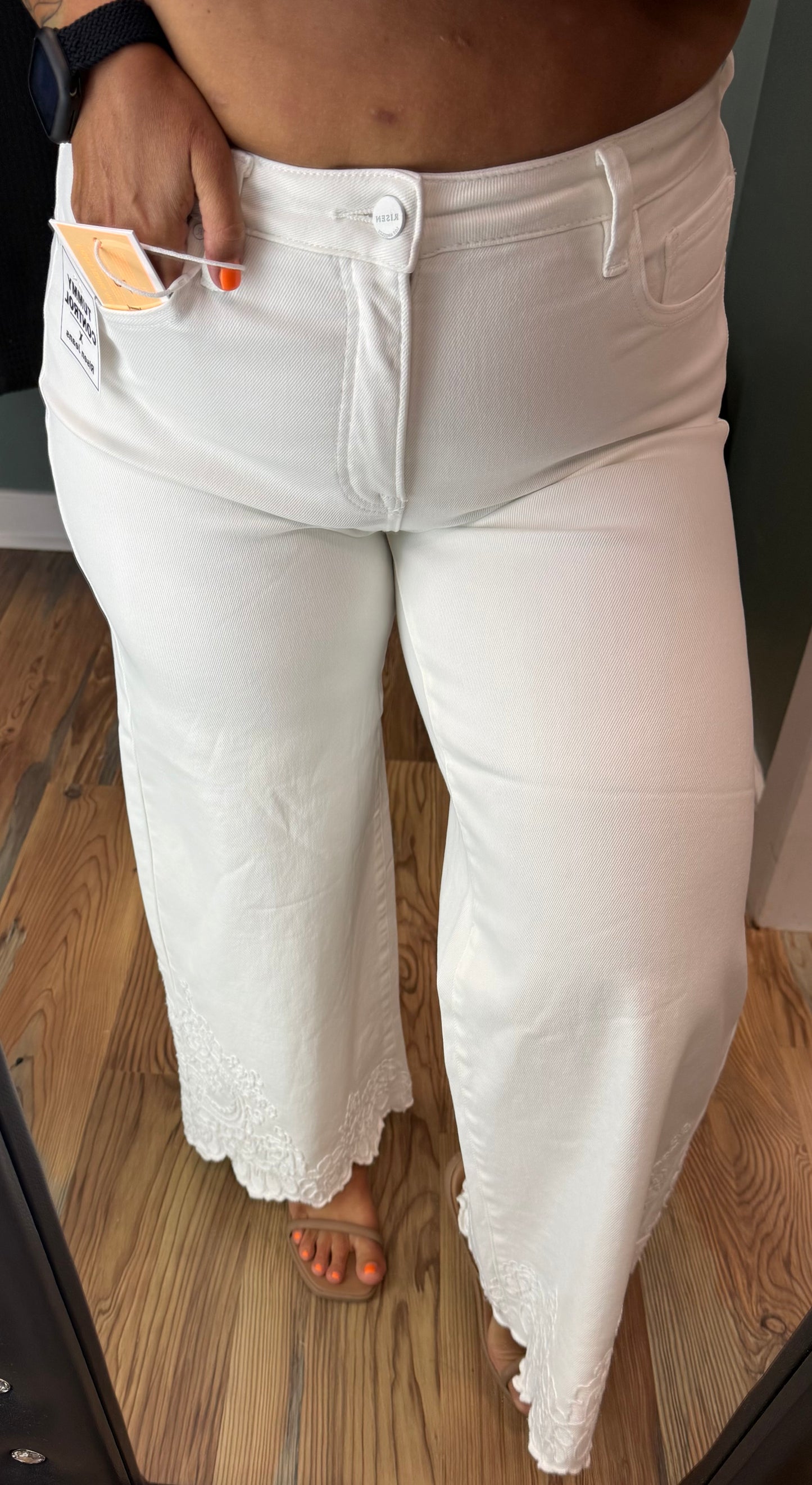 Risen White Lace Tummy Control Cropped Denim