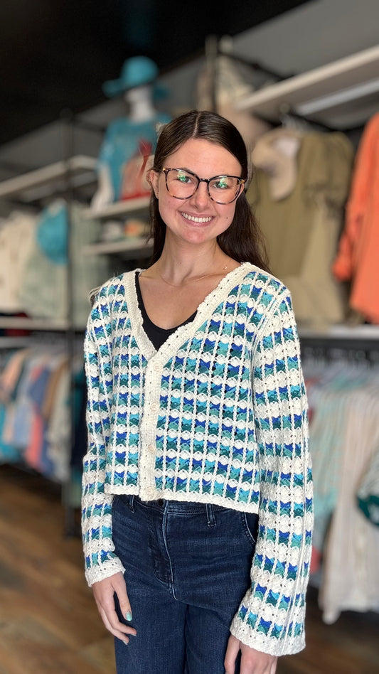 Blue Cropped Crochet Cardi POL