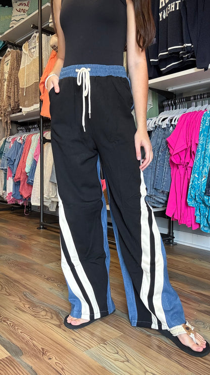 Black Cream Contrast Elastic Waist Denim