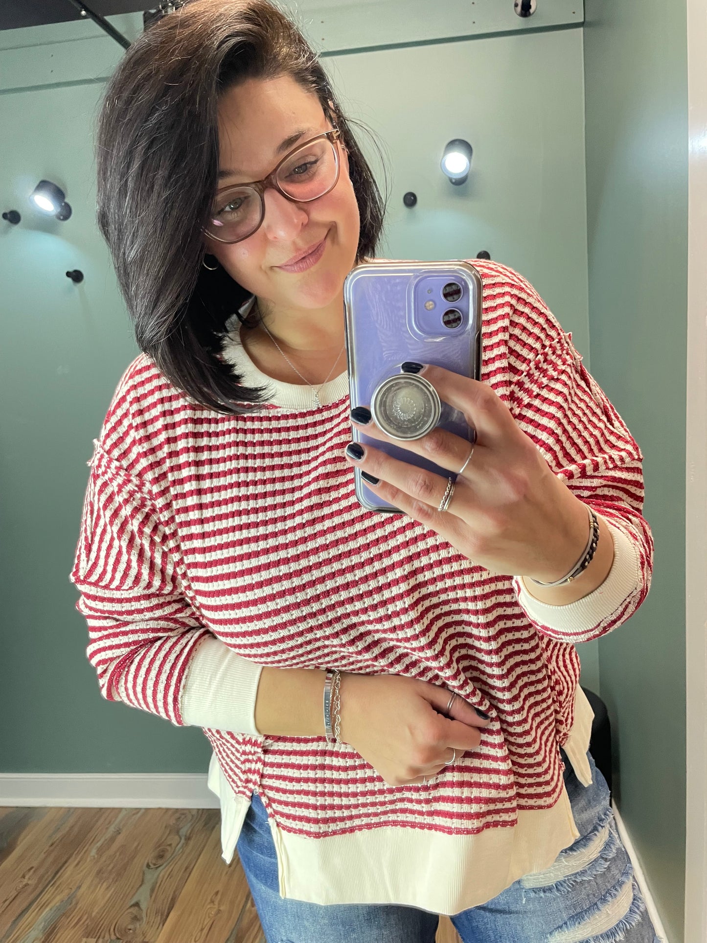 Red Cream Striped Front Slit Long Sleeve