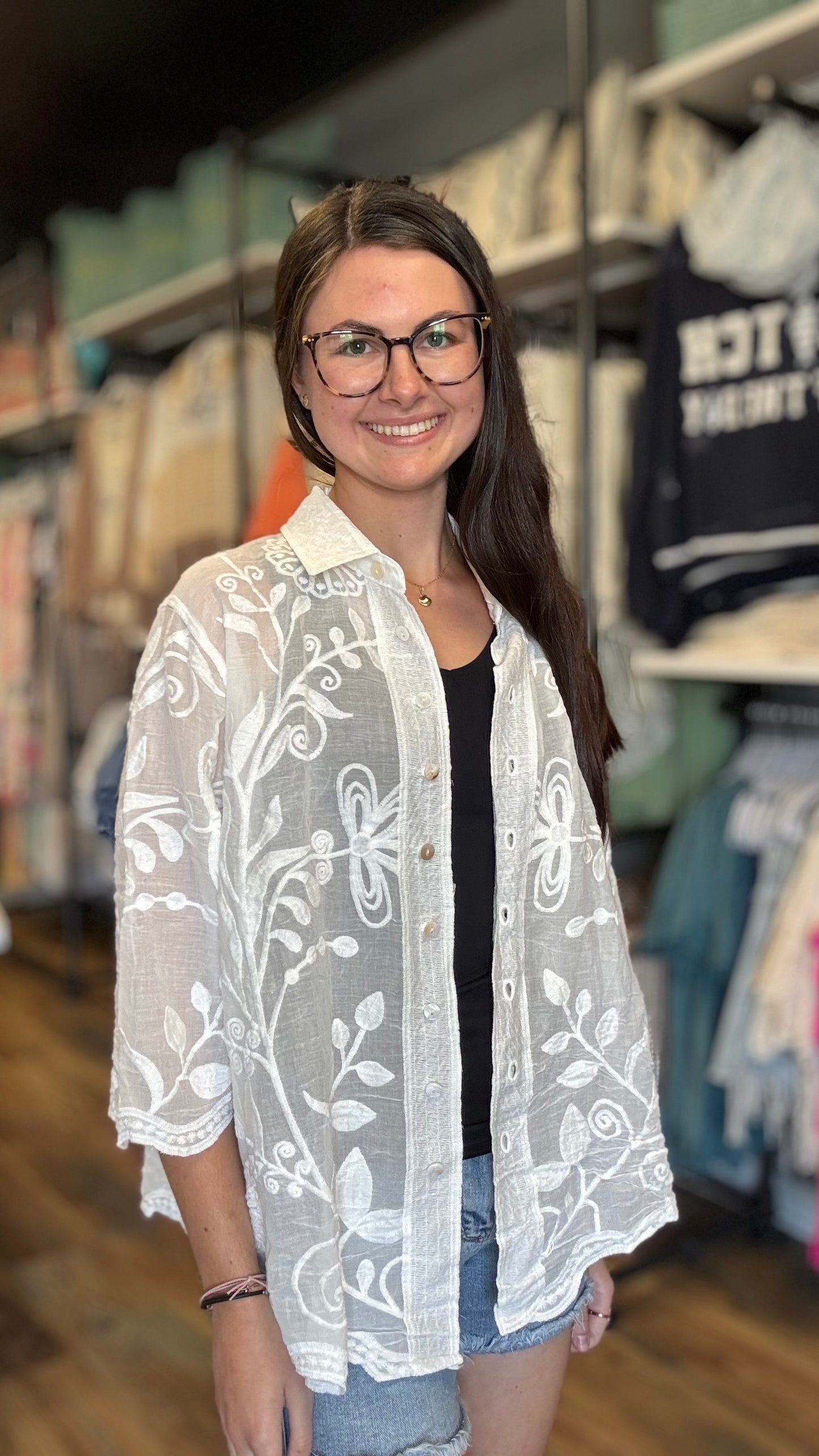 Sheer Embroidered Button Up