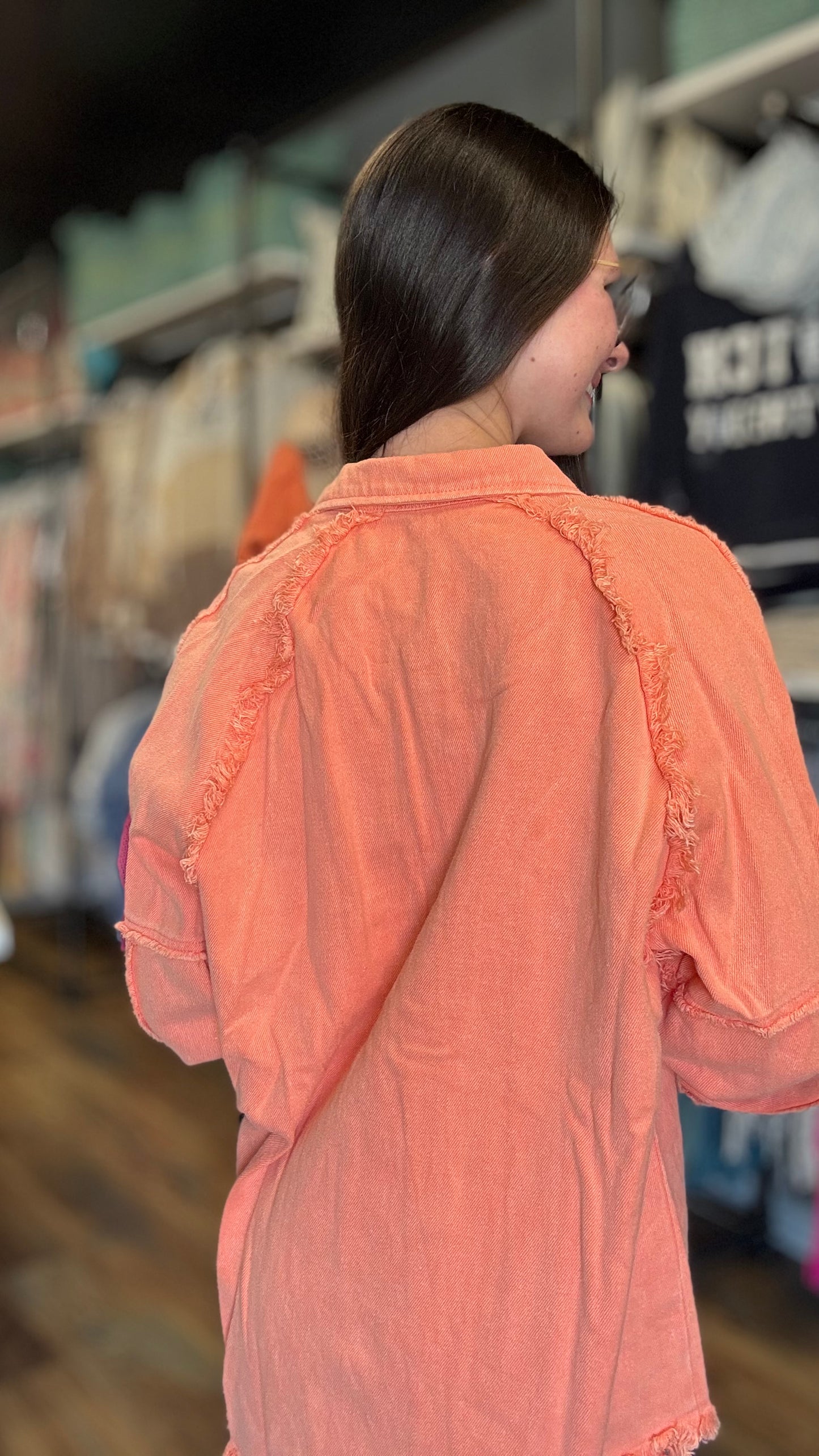 Coral Raw Hem Denim Jacket