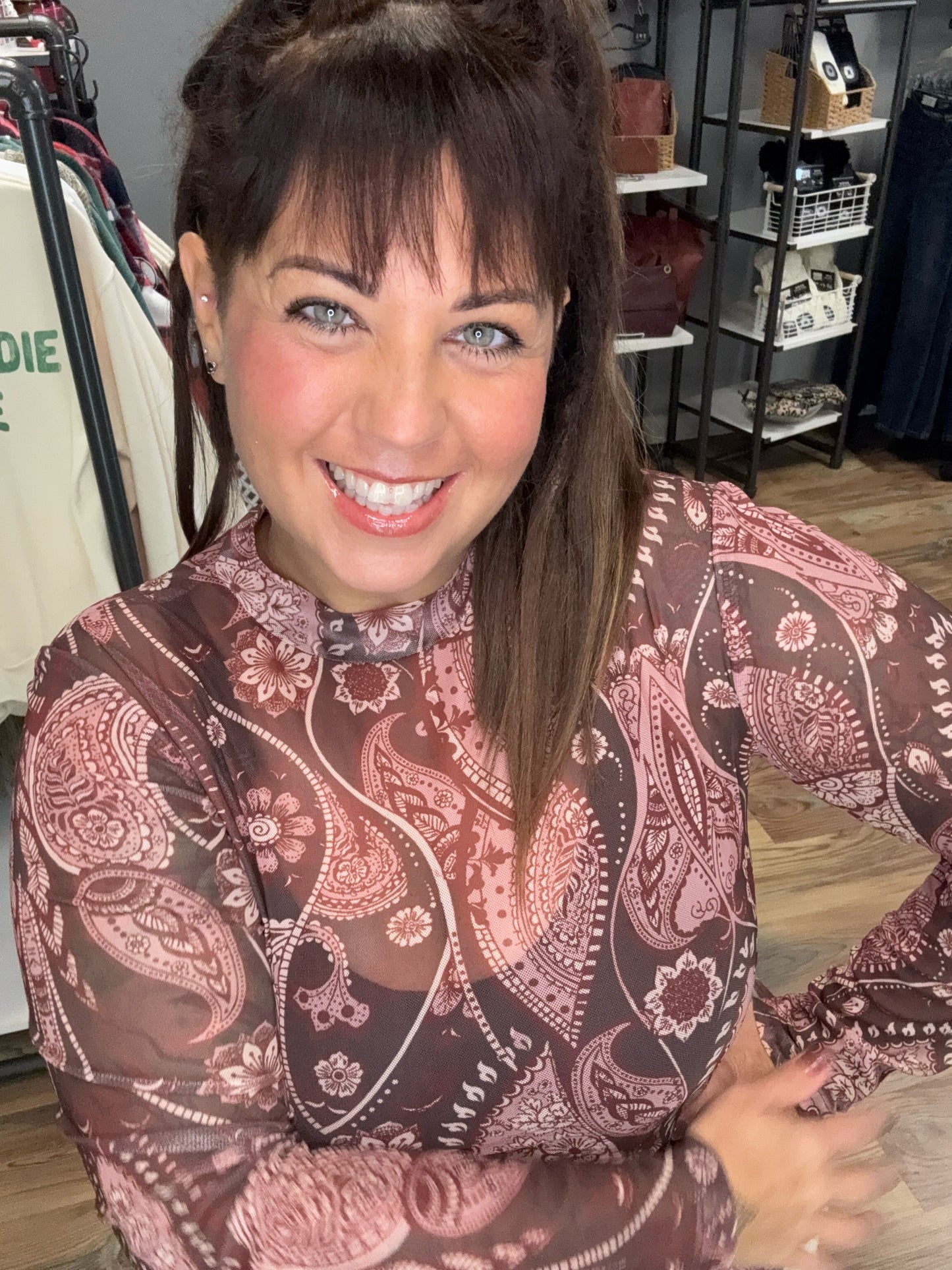 Paisley Print Mesh Top