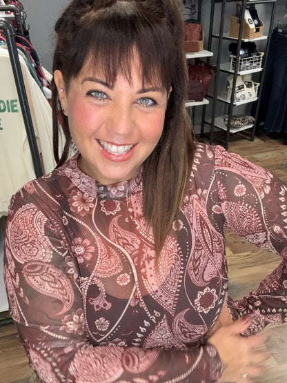 Paisley Print Mesh Top