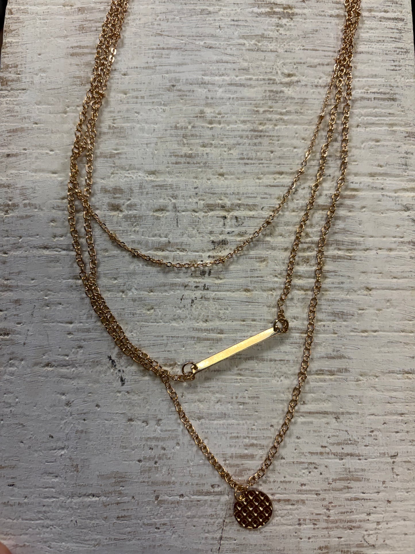 Gold Tri Layer Bar Waffle Necklace