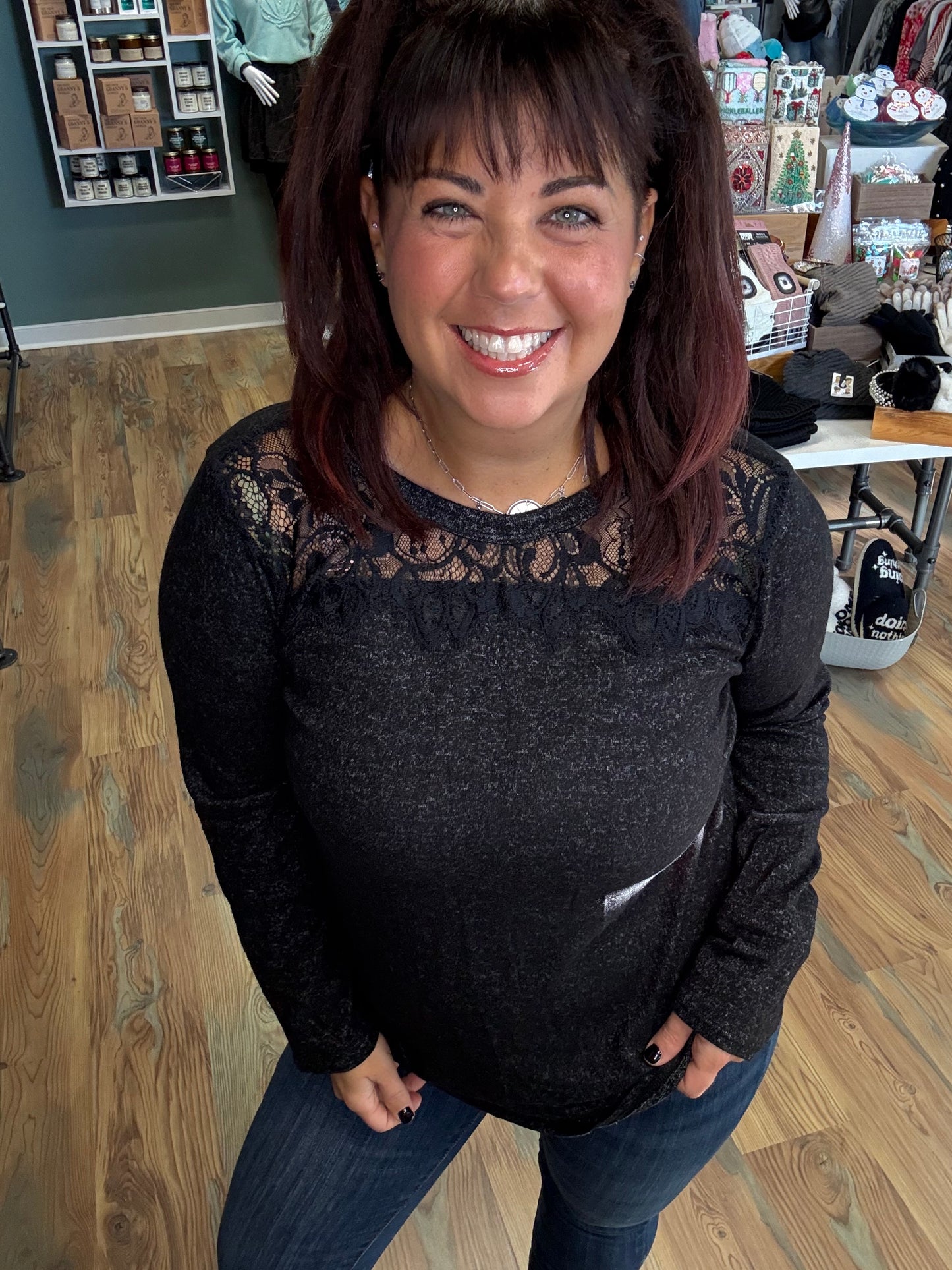 Charcoal Lace Contrast Softy Long Sleeve Tunic