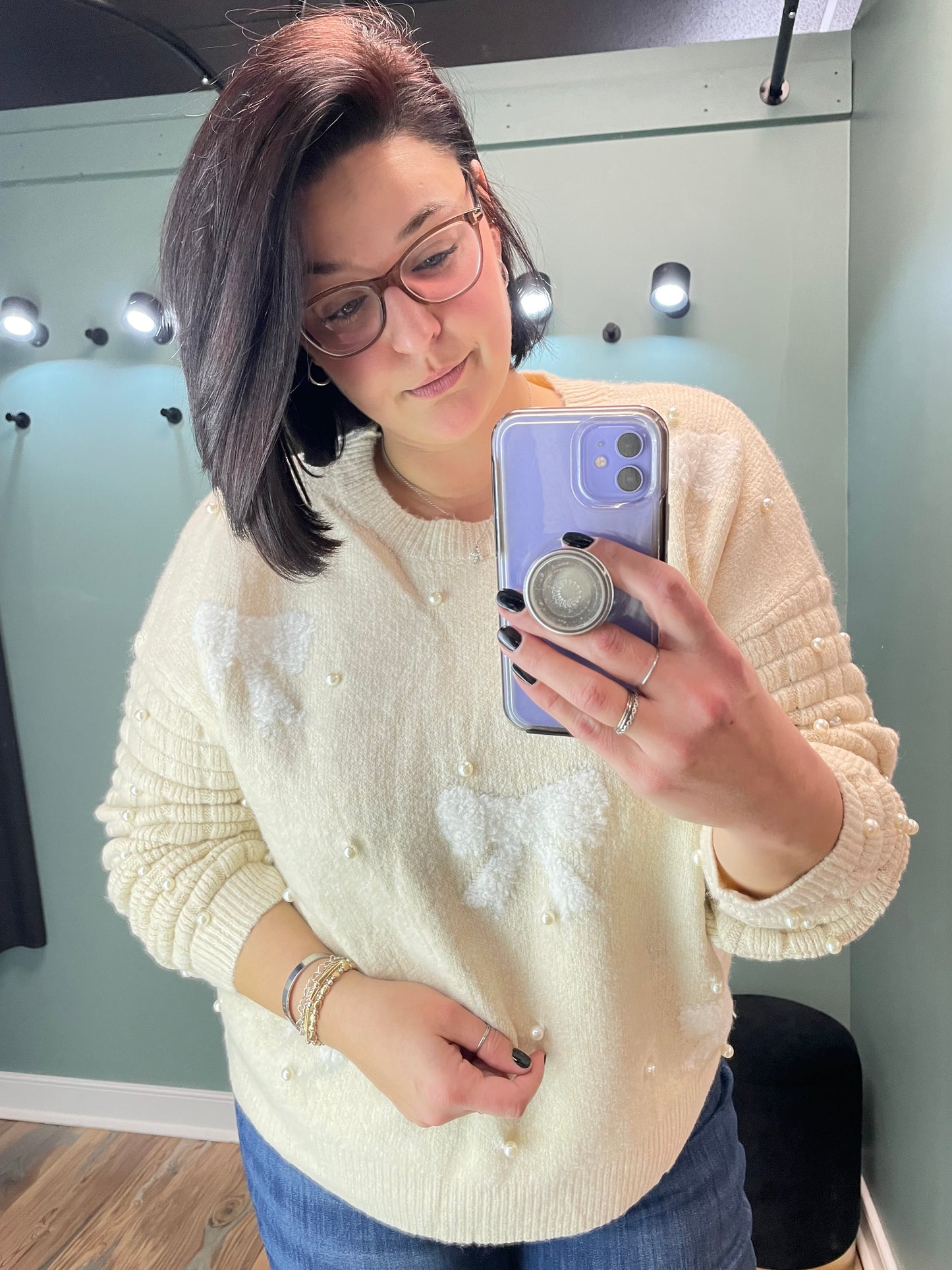 Oatmeal Bow Pearl Sweater