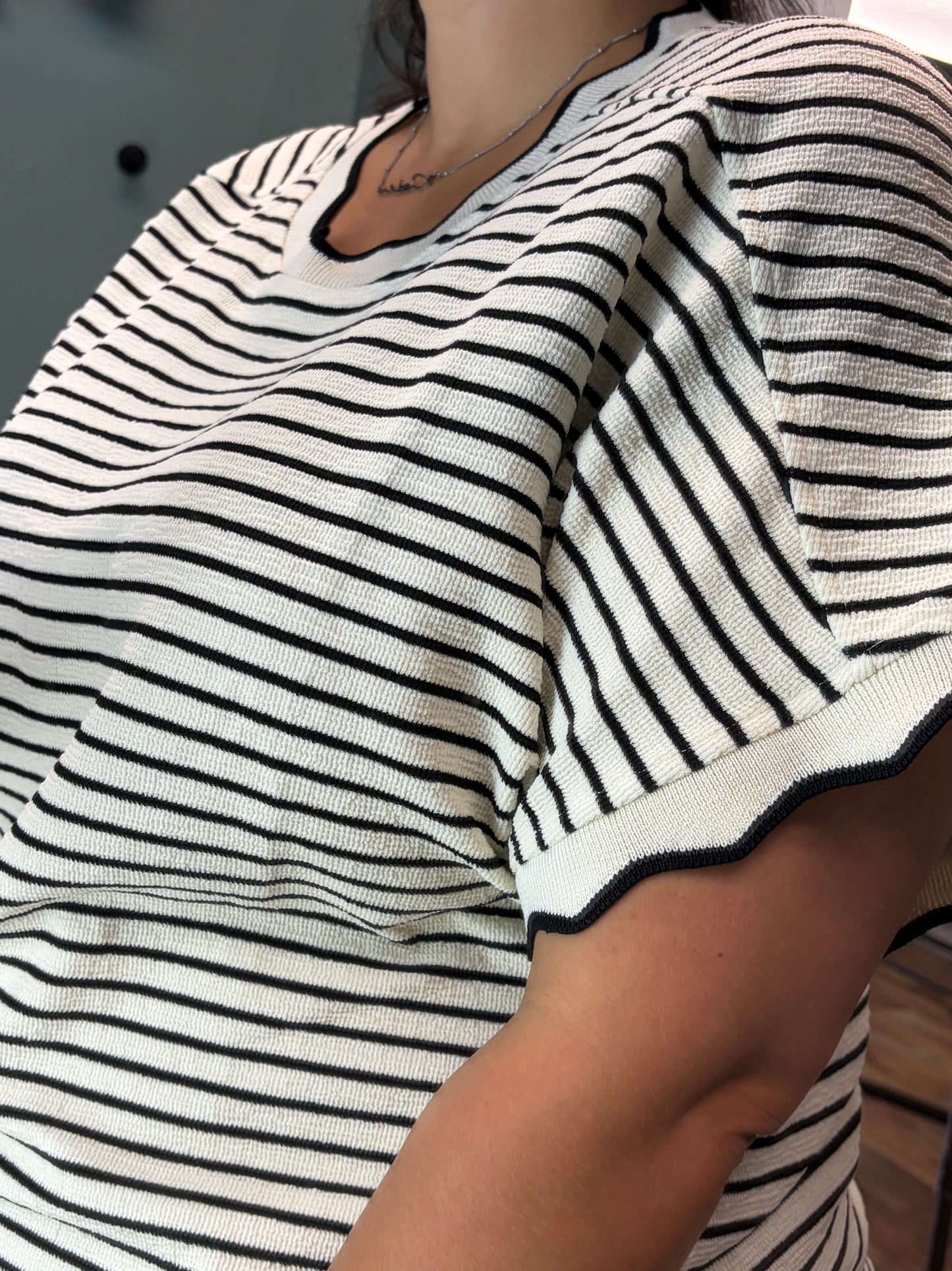 Ivory Striped Scallop Top