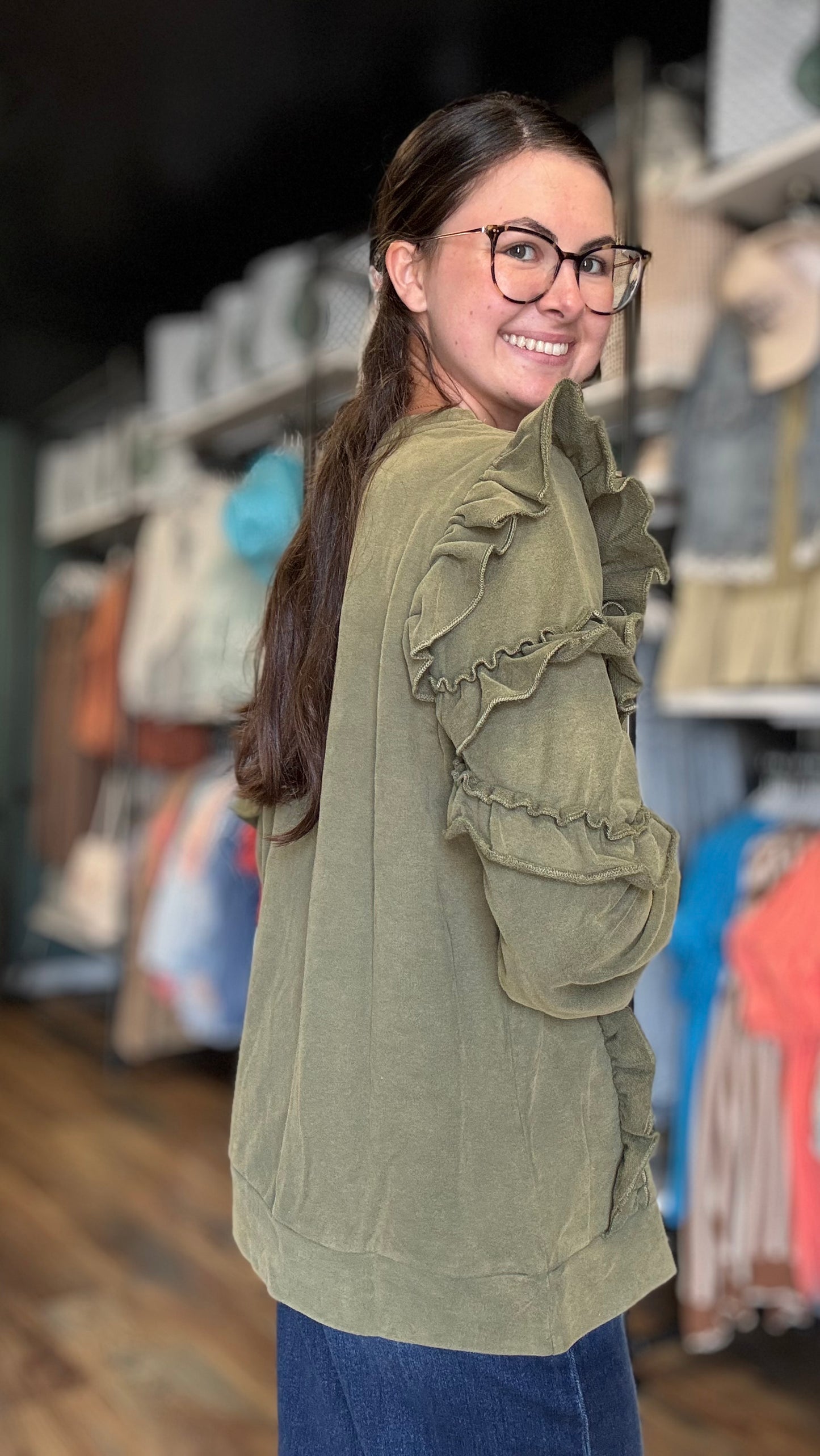 Olive Ruffle Long Sleeve