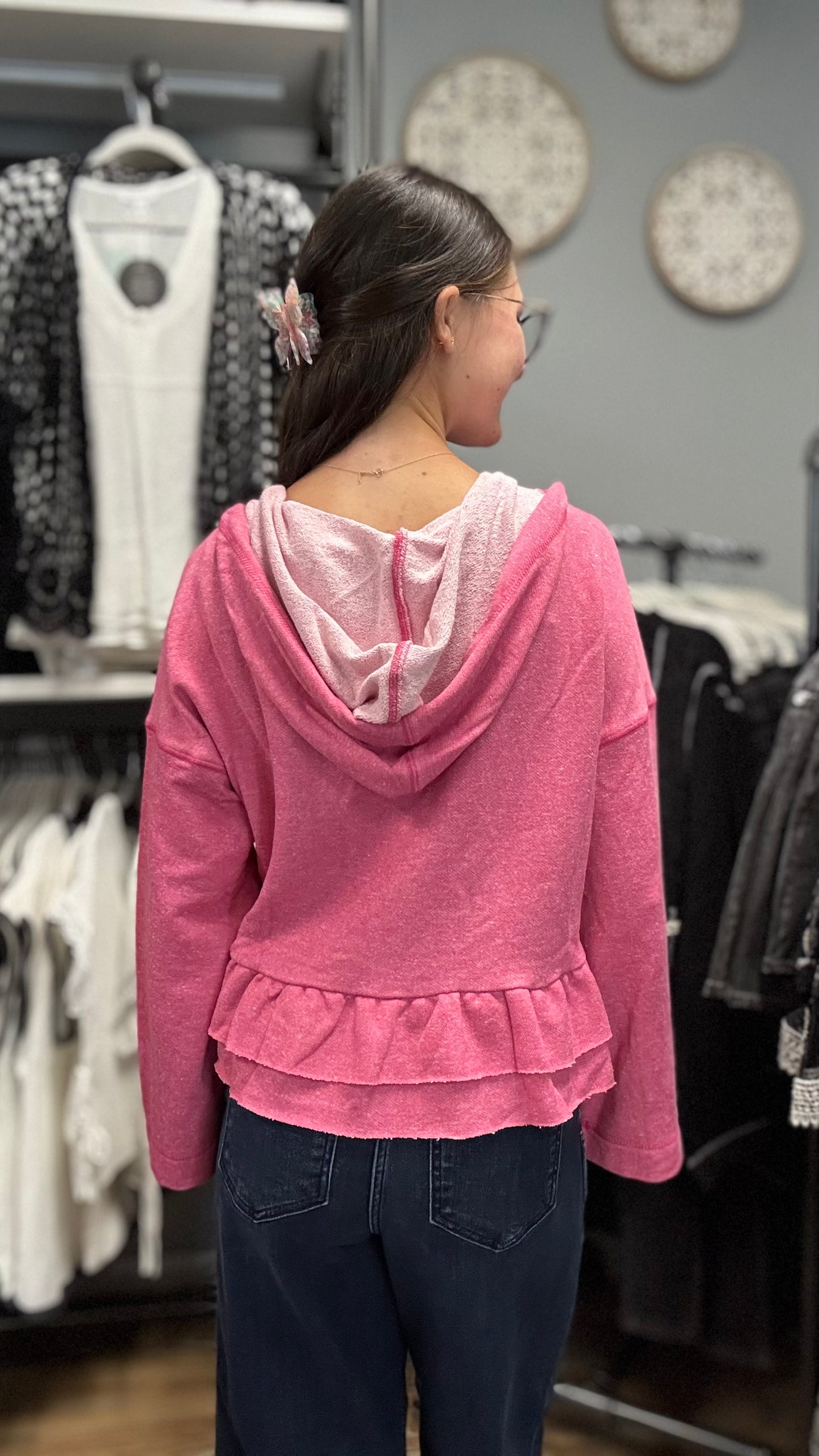 Washed Pink Ruffle Hoodie
