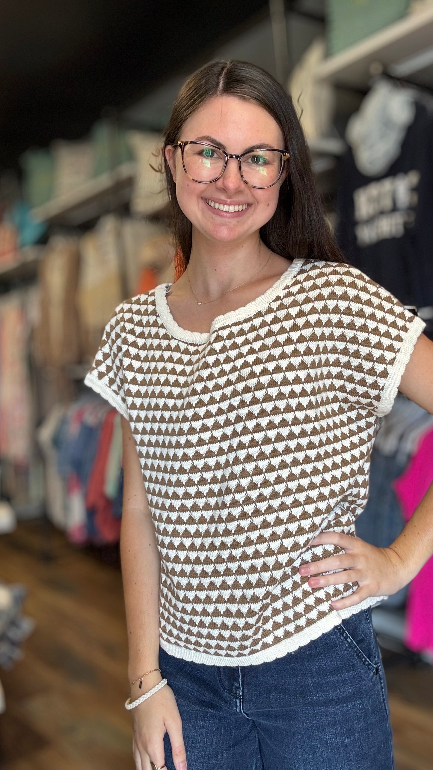 Mocha Cream Geo Boat Neck Short Sleeve