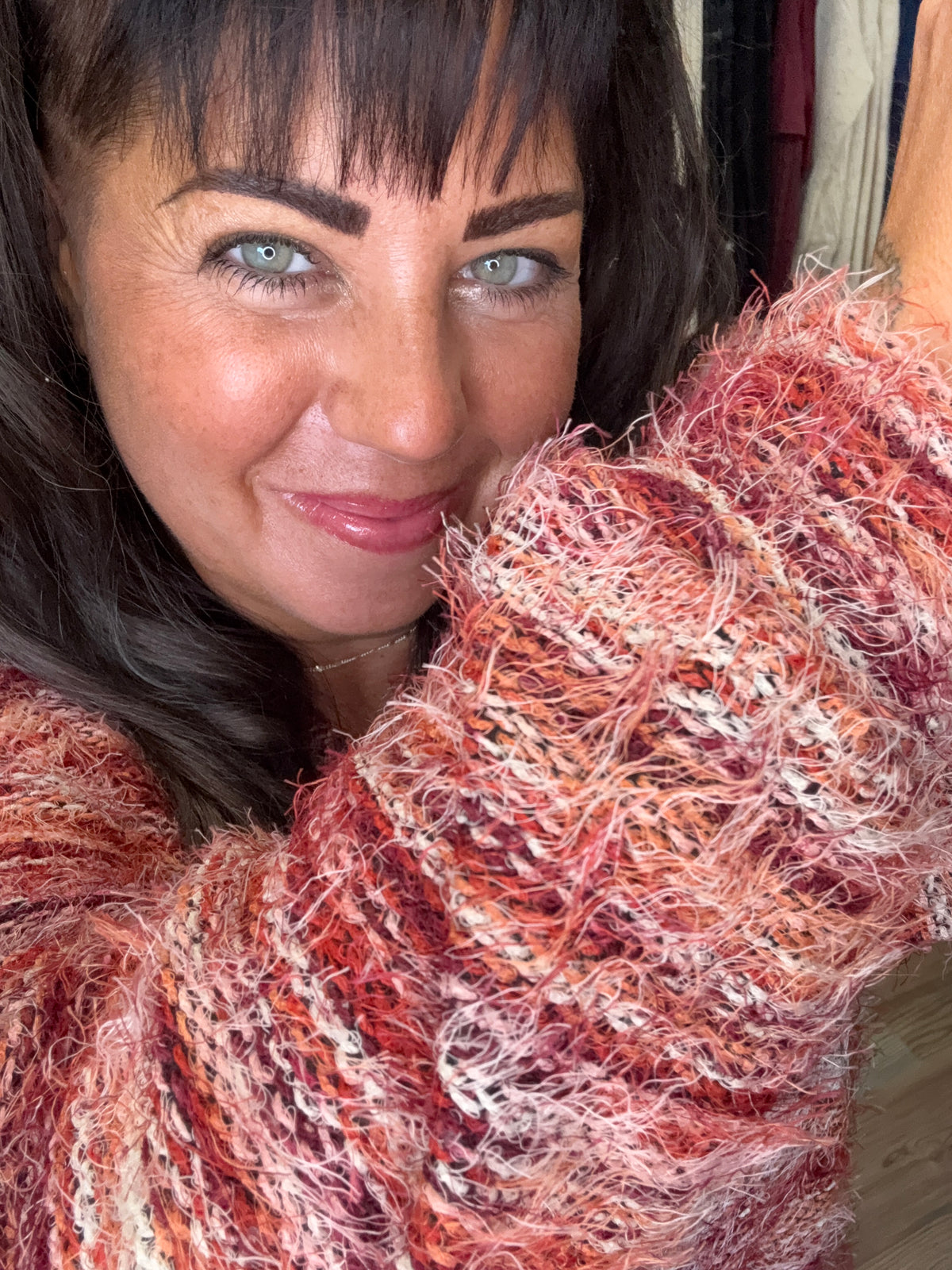 Red Tonal Fuzzy V Neck Button Cardi