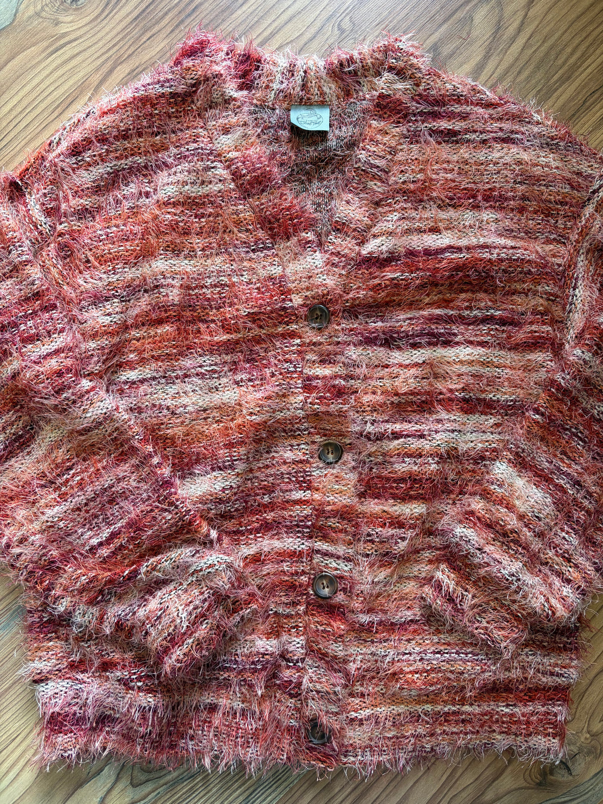 Red Tonal Fuzzy V Neck Button Cardi
