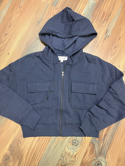 Navy Cropped Pocket Hoodie