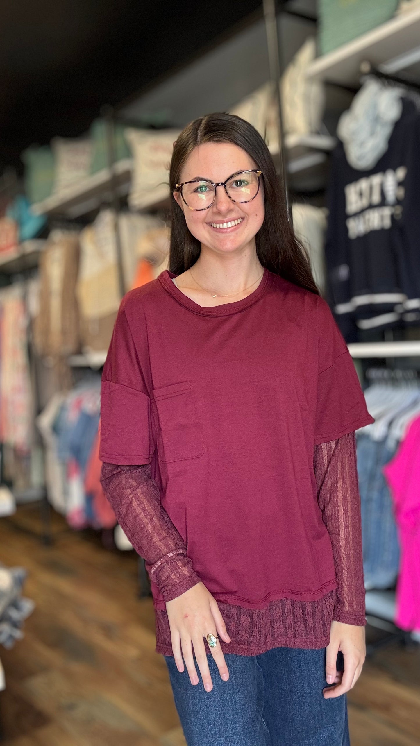 Wine Oversized Lace Long Sleeve