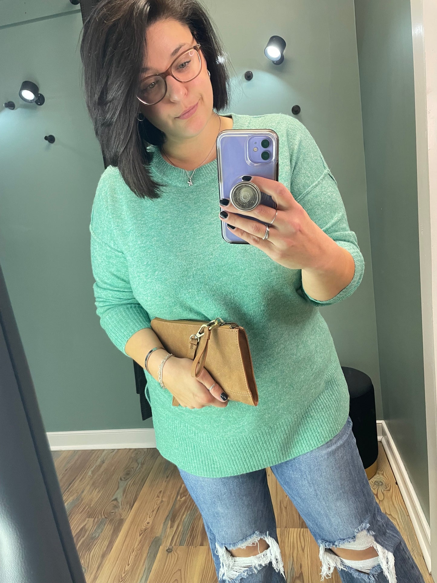 Green Crew Neck Side Slit Tunic Sweater
