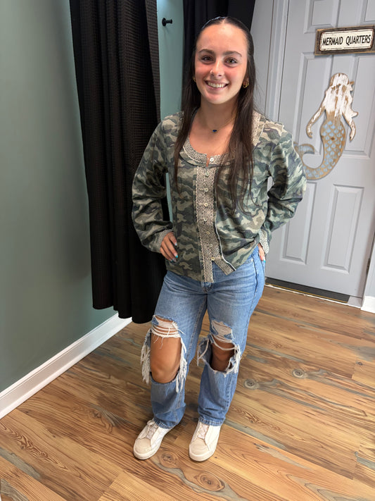 Button Front Camo Long Sleeve