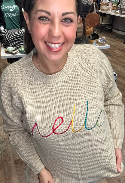 Annie Wear HELLO Embroidered Raglan Sleeve Sweater