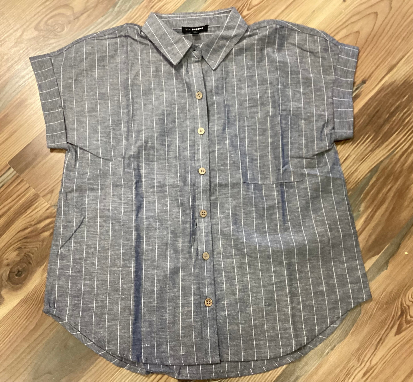 Navy Pinstripe Button Top