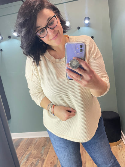 Cream Ribbed Crew Neck Long Sleeve