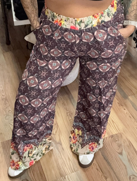 Umgee Full Size Mixed Print Elastic Waistband Pants Plus Size