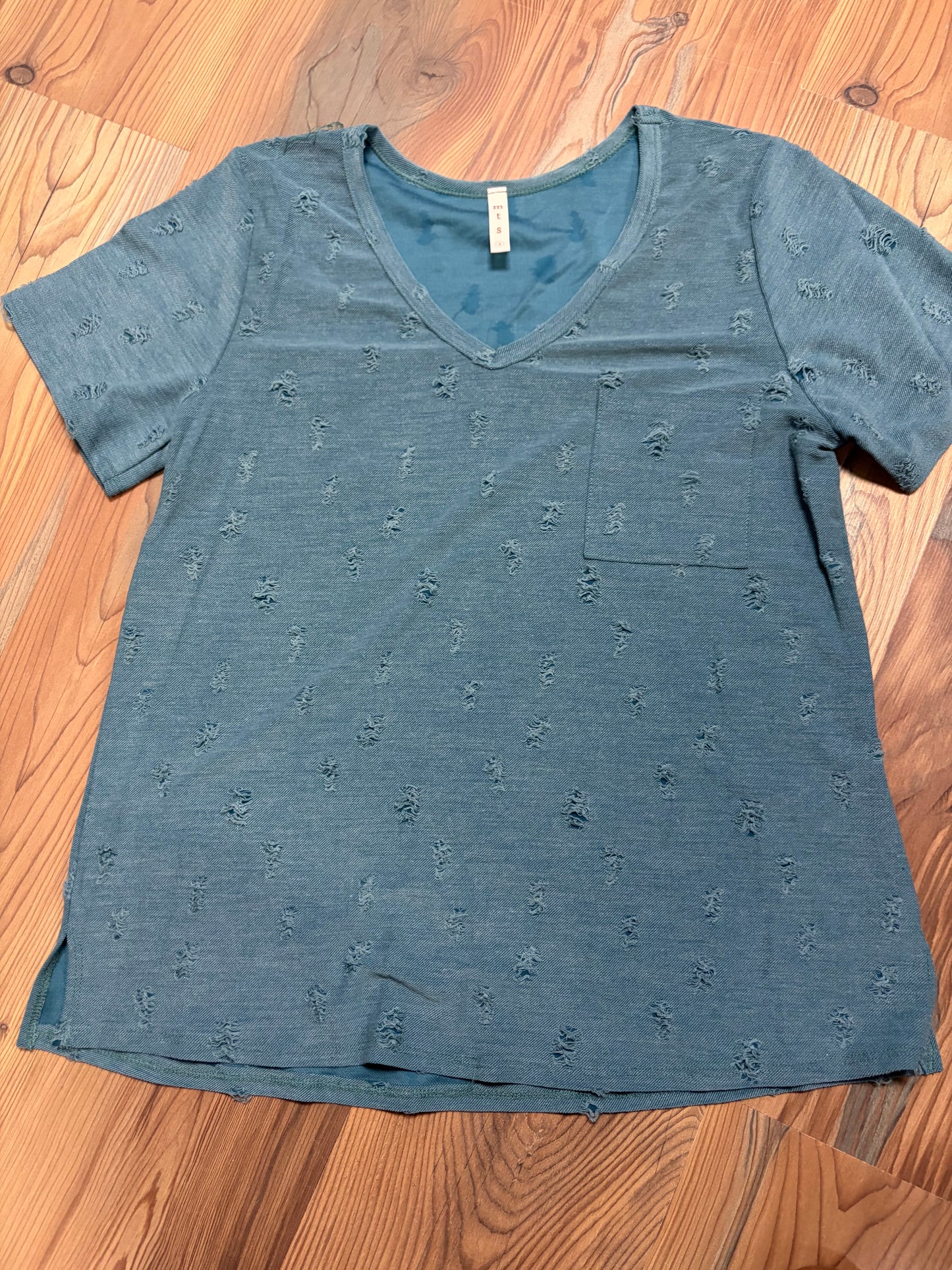 Teal Distressed V Neck