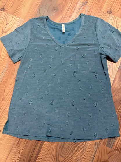Teal Distressed V Neck