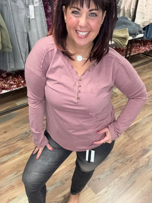 Mauve Mineral Washed V Neck