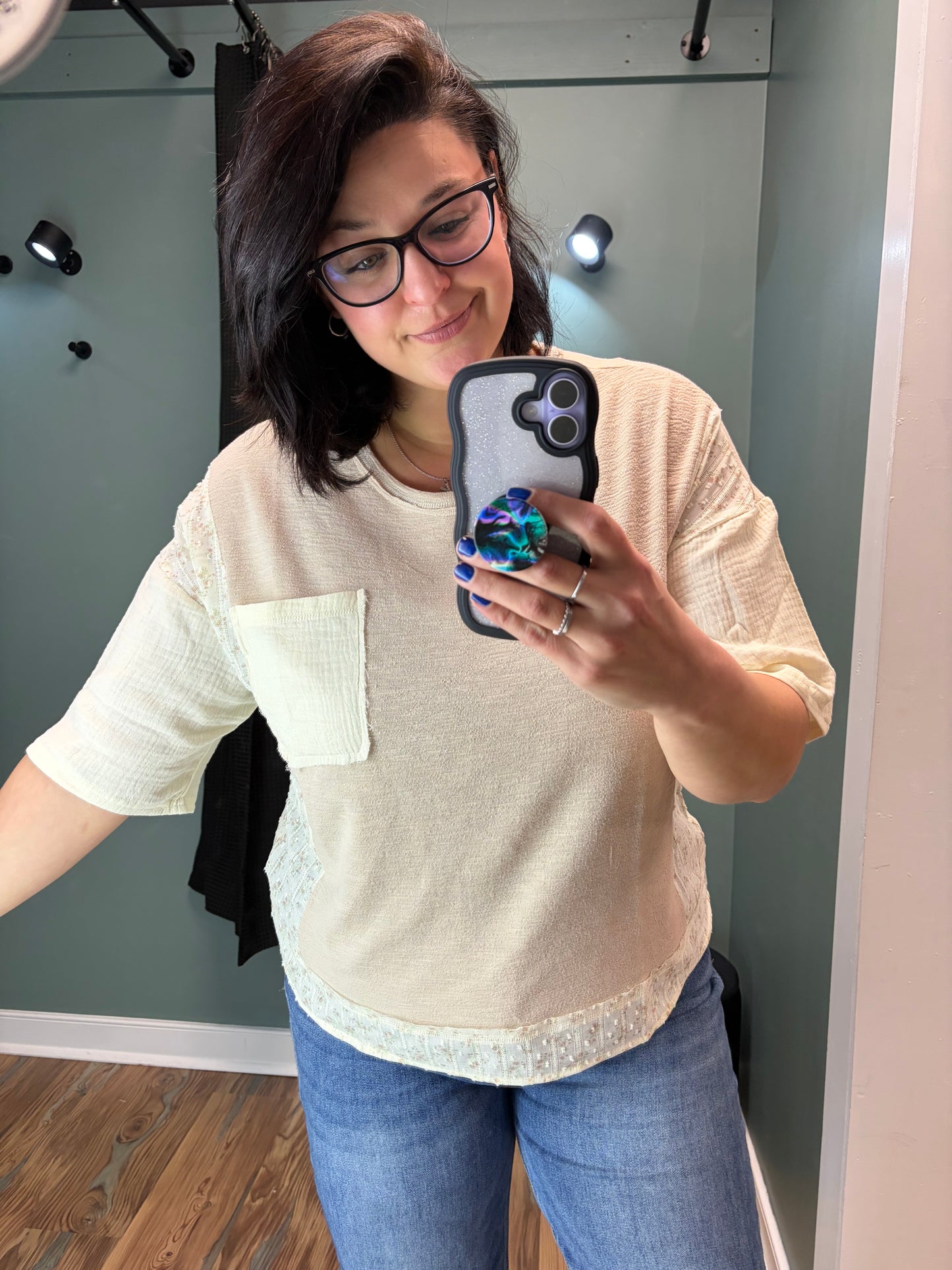 Beige Floral Trim Top