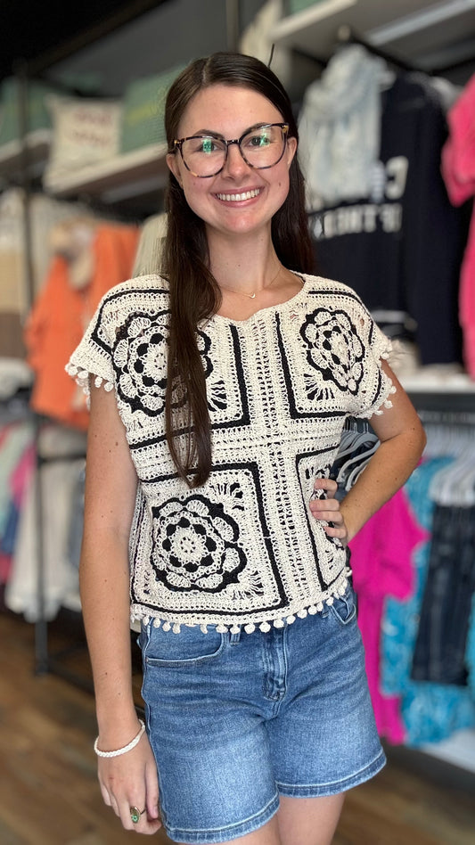 Black Cream Crochet One Size Top