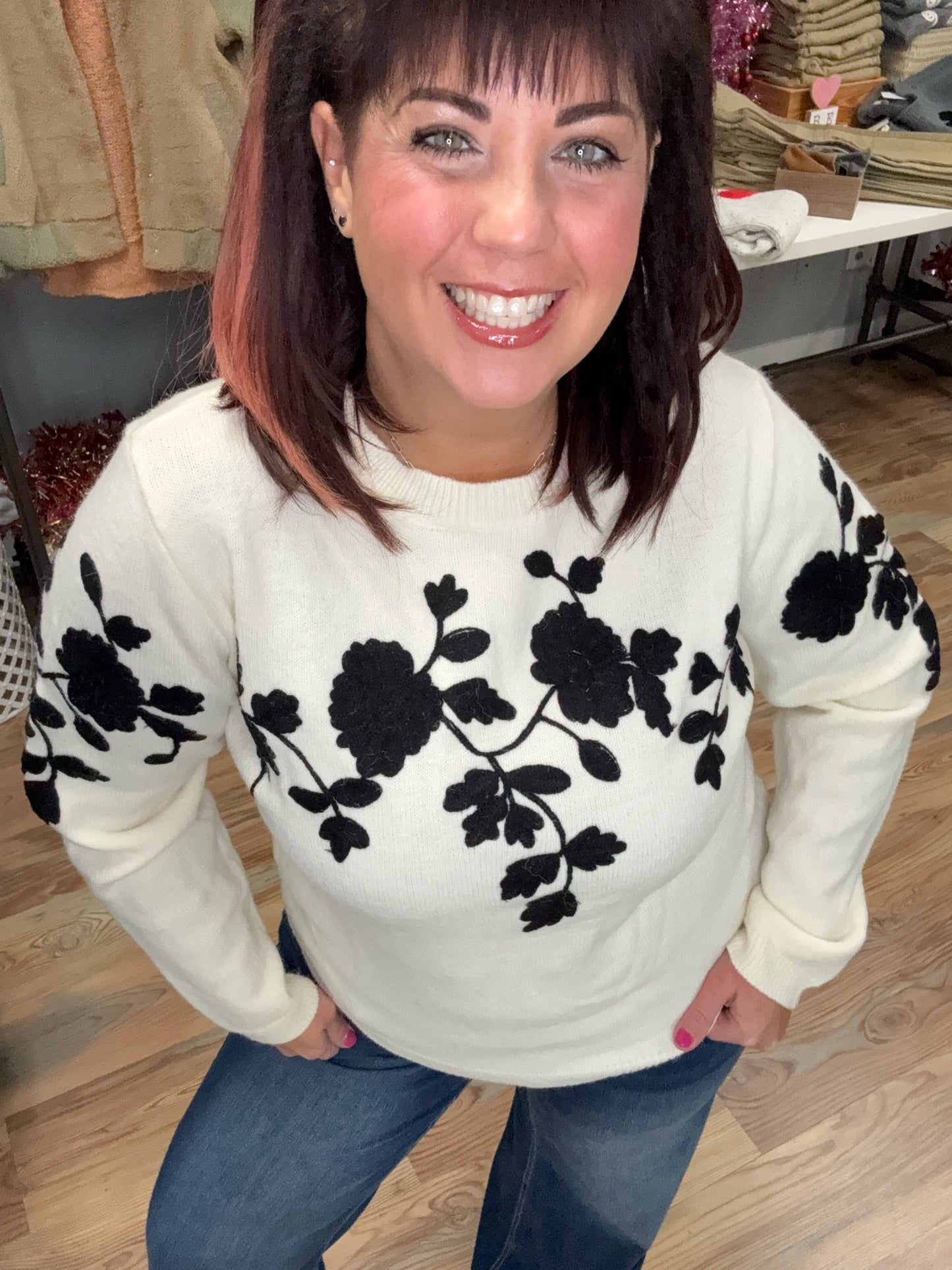 Ivory Black Floral Knit