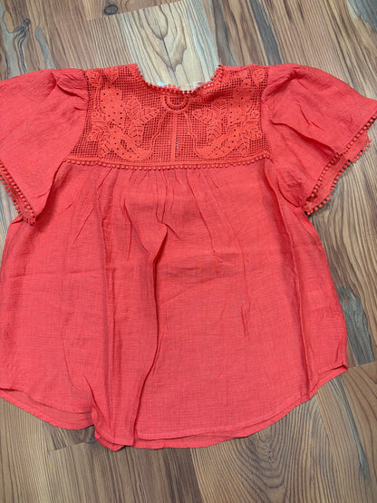 Coral Lace Neck Short Sleeve Blouse