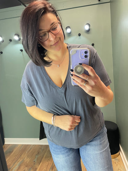 Navy V Neck Raw Edge Short Sleeve