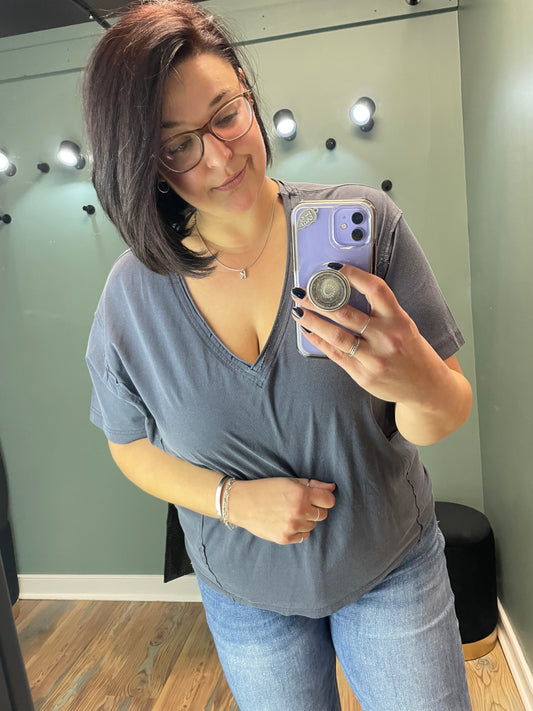 Navy V Neck Raw Edge Short Sleeve