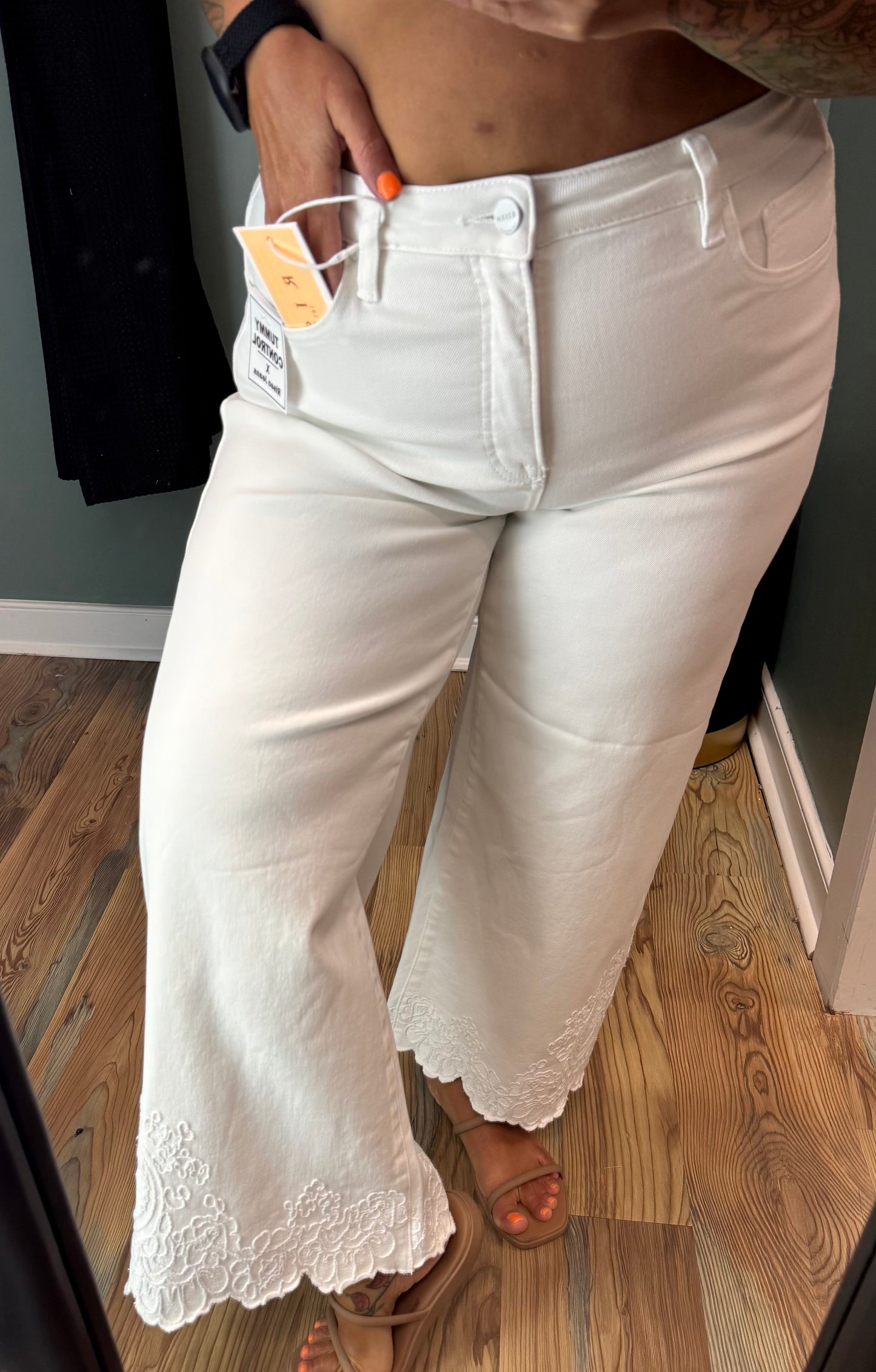 Risen White Lace Tummy Control Cropped Denim