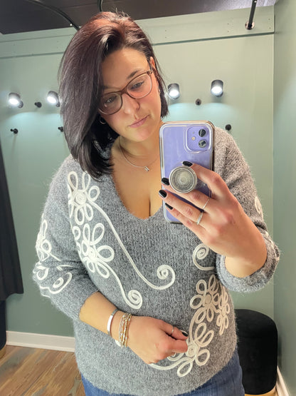 Charcoal Floral Swirl V Neck