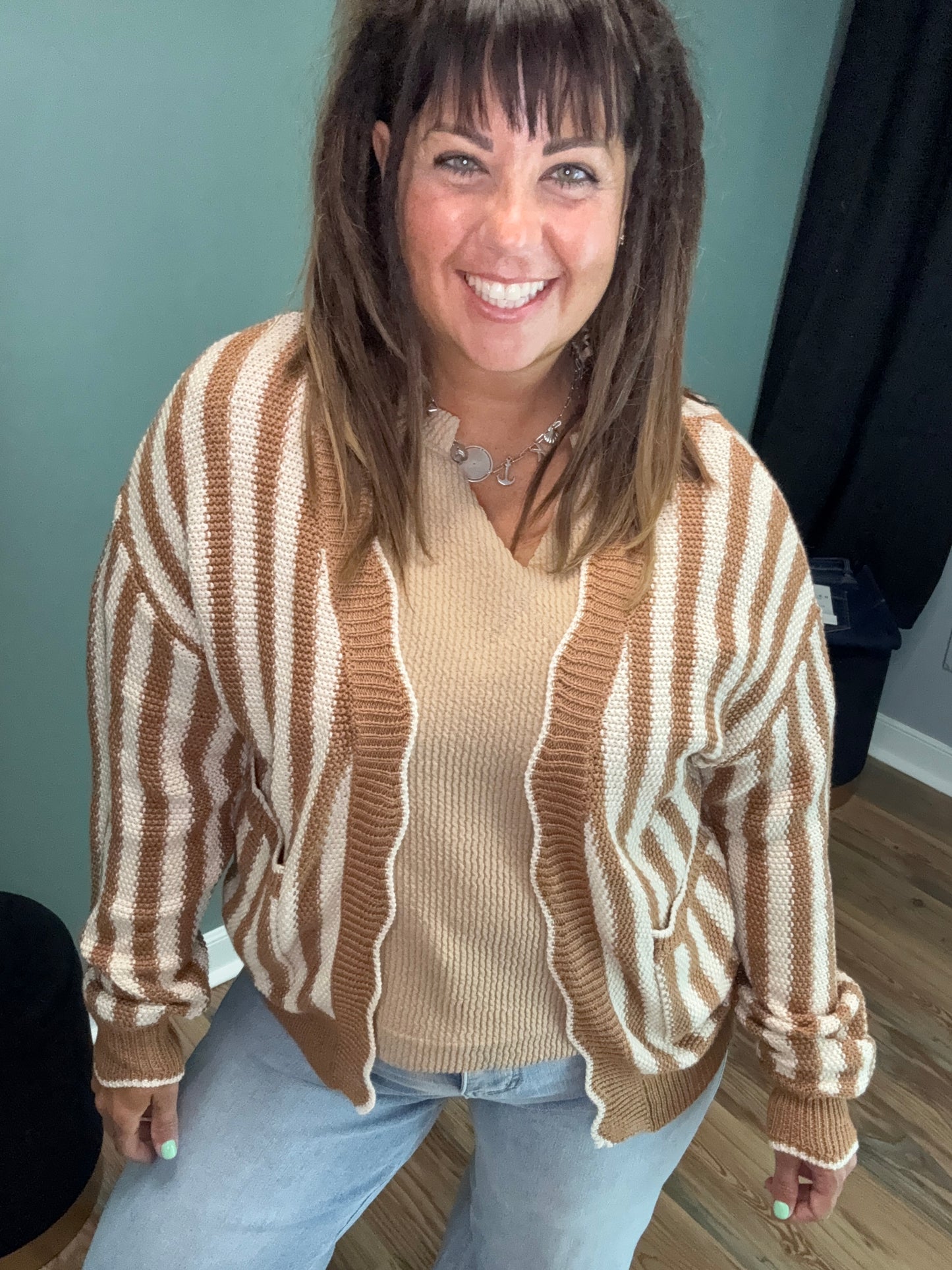 Camel Cream Striped Cardi