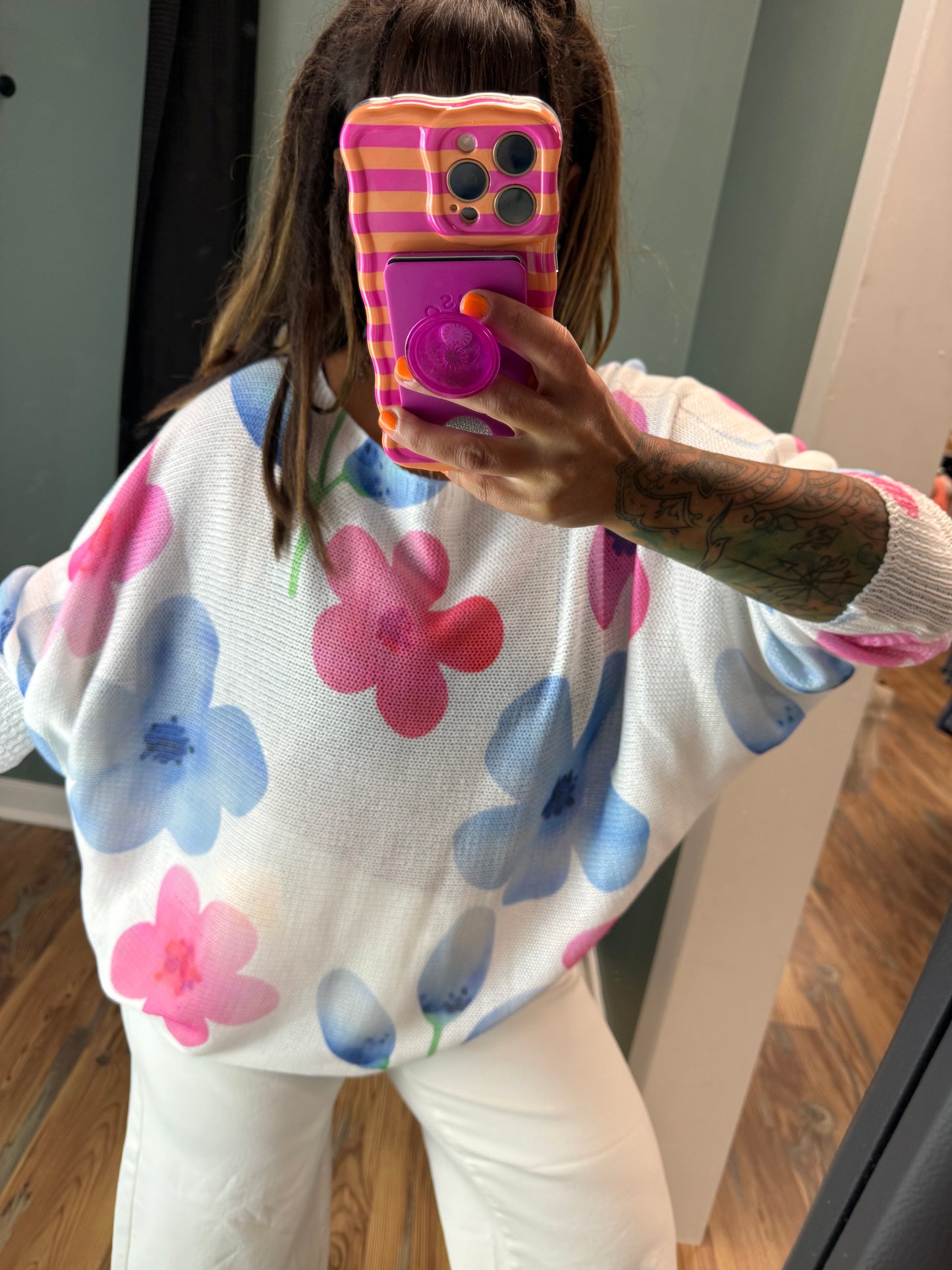 White Floral Knit Top