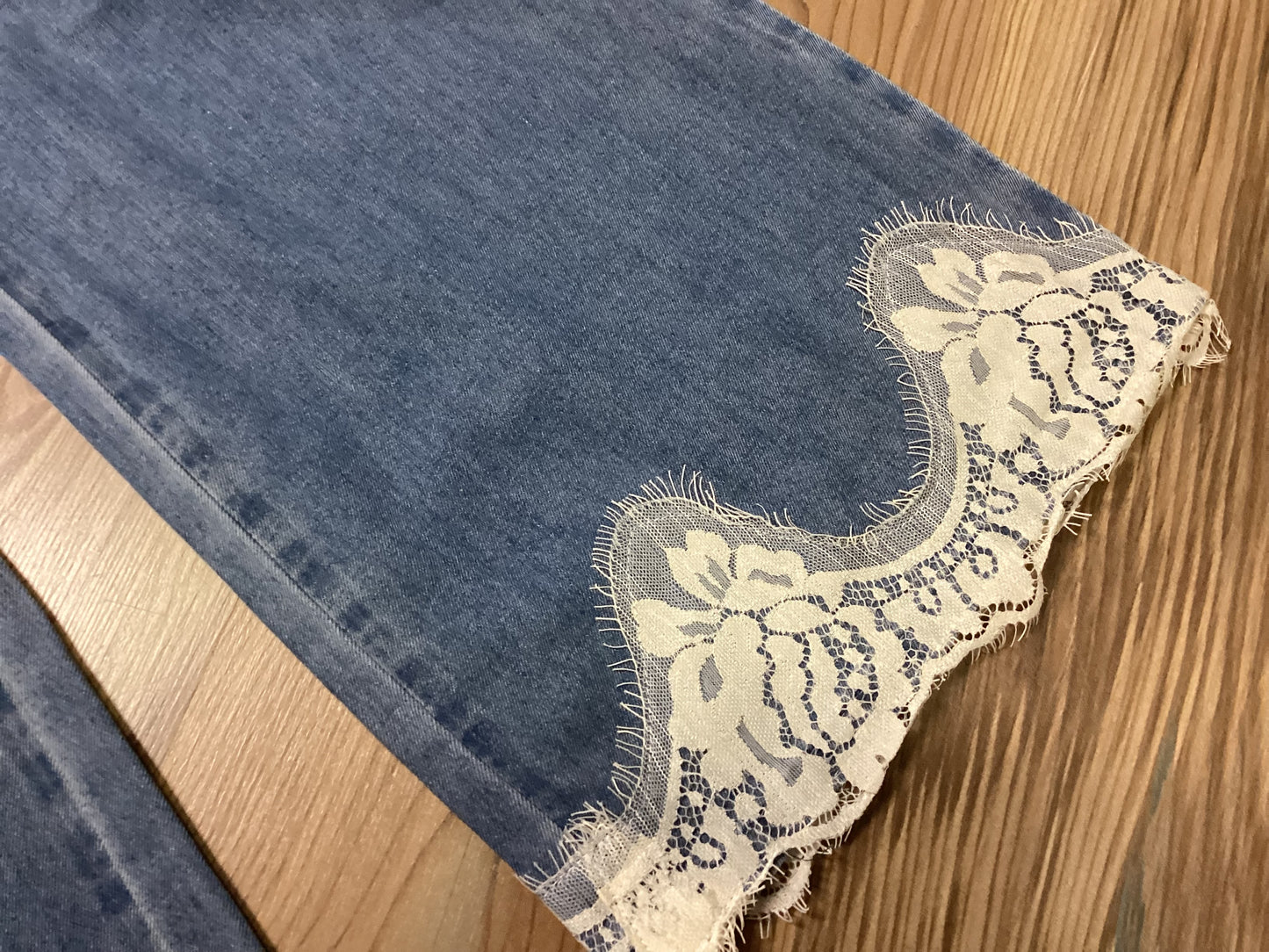 Chambray Wide-Leg Pants Lace Hem
