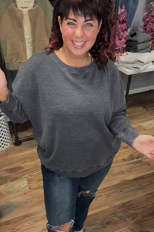 One Size Charcoal Waffle Long Sleeve