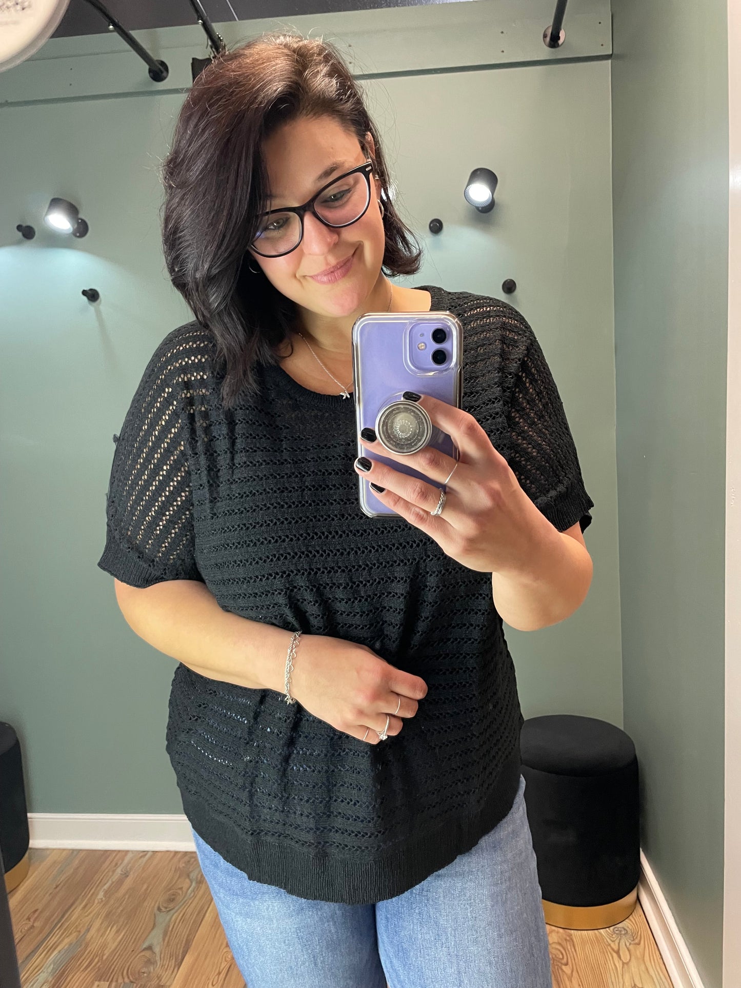 Black Open Knit Short Sleeve