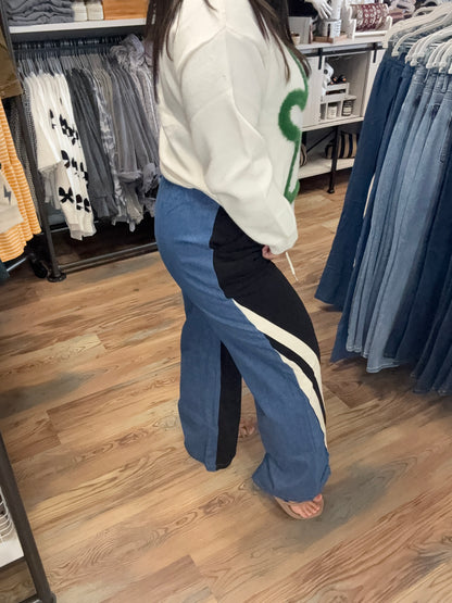 Black Cream Contrast Elastic Waist Denim