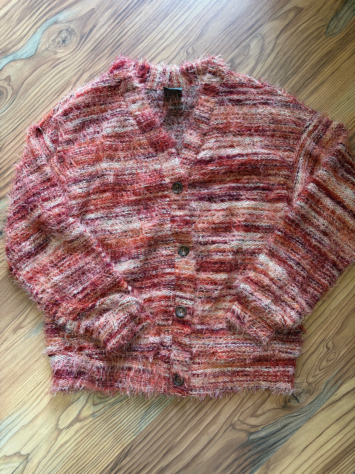 Red Tonal Fuzzy V Neck Button Cardi