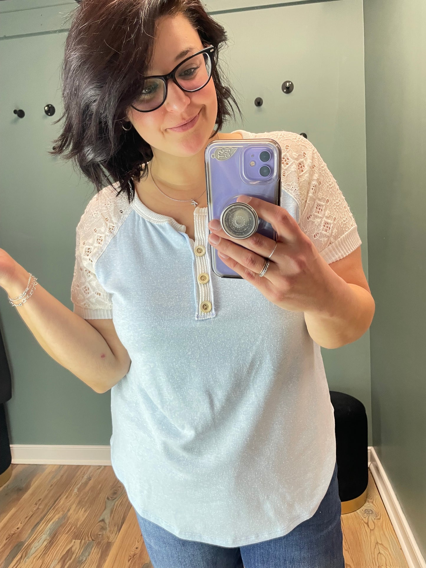 Blue Eyelet Puff Sleeve