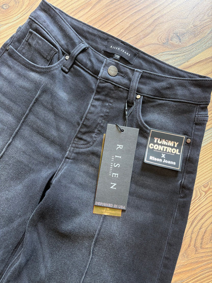 Risen Washed Black High Waist Pin Tuck Wide Leg Jeans
