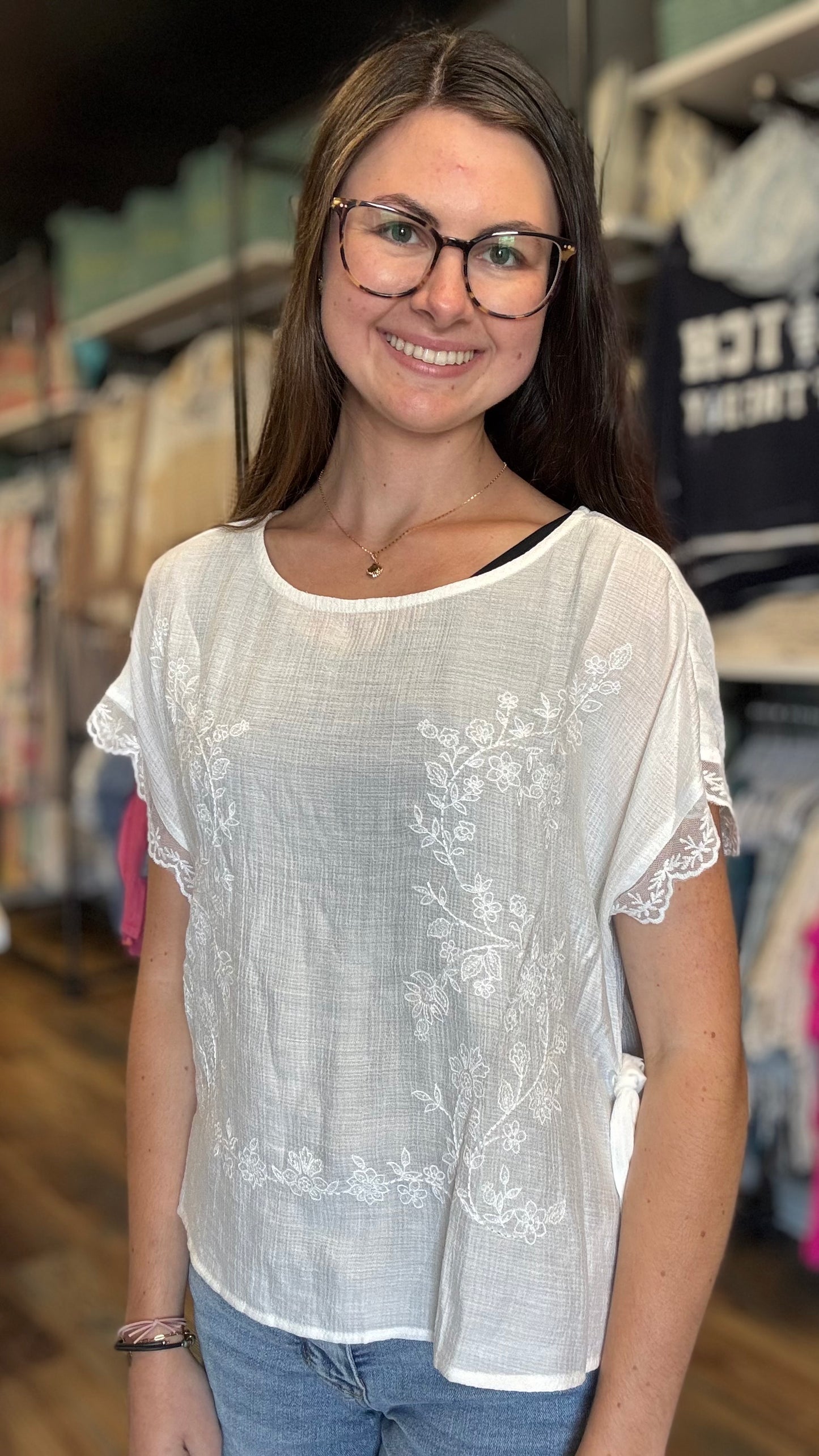 White Embroidered Tie-Side Top