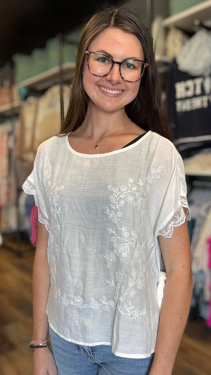 White Embroidered Tie-Side Top