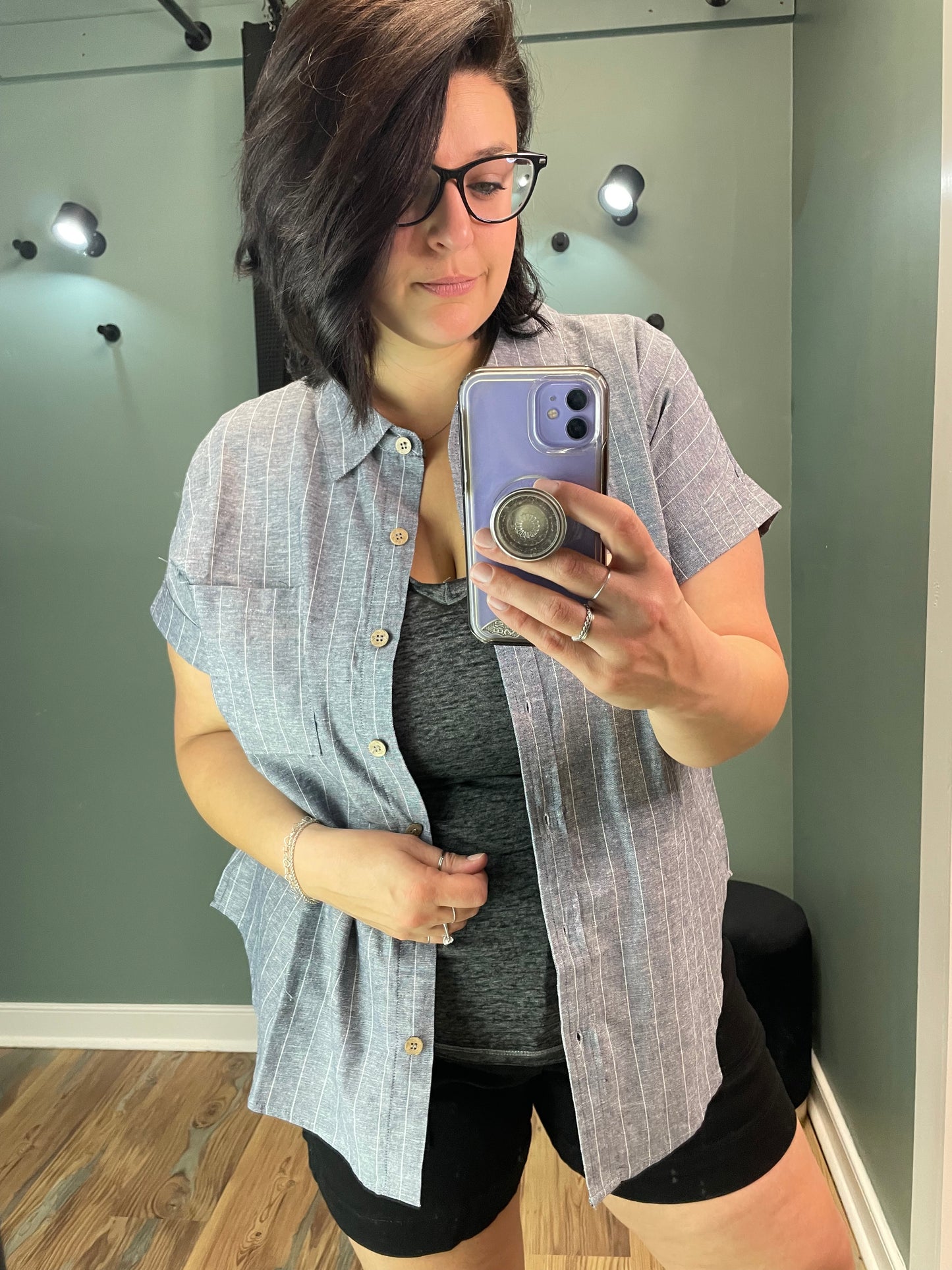 Navy Pinstripe Button Top